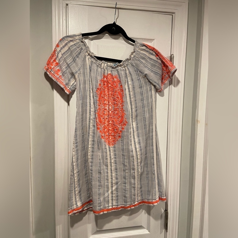 Blue Island Size M Cotton Blue Stripe Neon Embroidered Mini Sun Dress